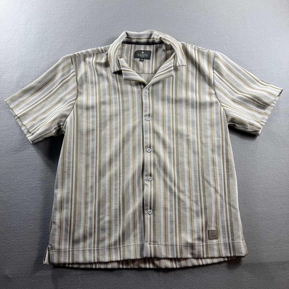Saints Studio Shirt Mens Large Beige Stripe Short Sleeve Button Front Casual